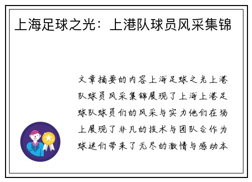 上海足球之光：上港队球员风采集锦